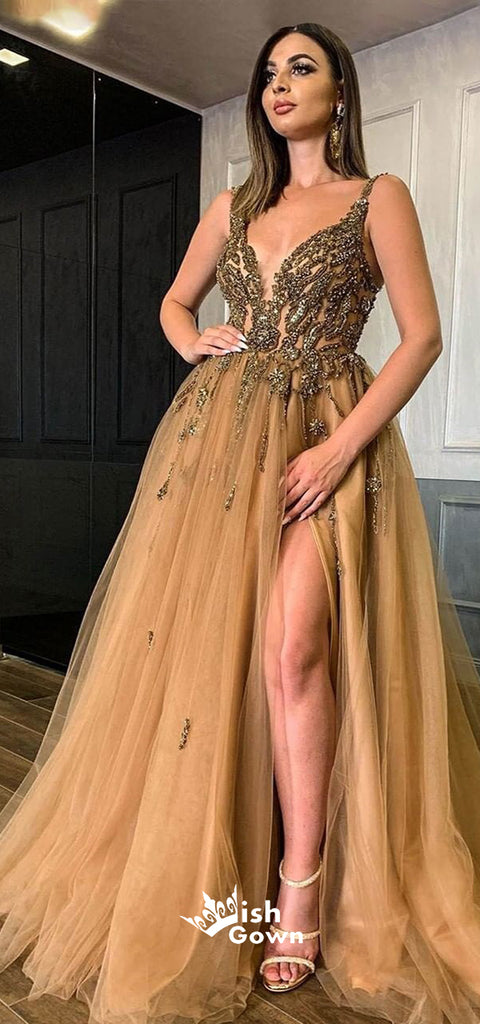 Gorgeous Champagne Gold Rhinestones Beaded A-line Tulle Evening Gowns Prom Dresses, WGP230