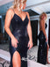 Black Sparkly Sequins Spaghetti Straps Backless Slits V-neck Evening Gowns Prom Dresses, WGP234