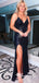 Black Sparkly Sequins Spaghetti Straps Backless Slits V-neck Evening Gowns Prom Dresses, WGP234