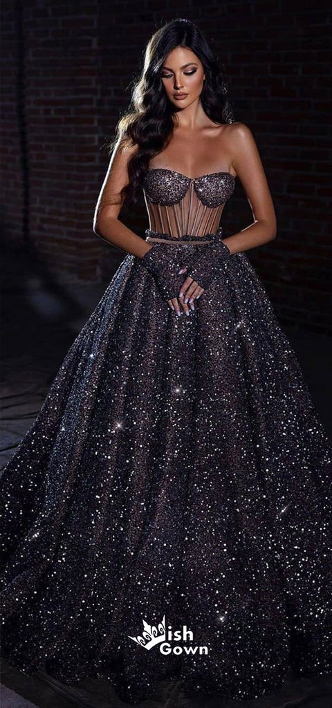 Black Starry Sky Sequins Shinny A-line Sweetheart Strapless Evening Gowns Prom Dresses, WGP238