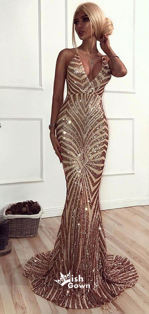 Sequin Mermaid Rose Gold Lace Long Evening Prom Dresses Sparkly Party Prom Dresses, WGP241