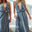 Blue Spaghetti Strap A-line Ruffles High Split Backless Long Bridesmaid Dresses, YPS114