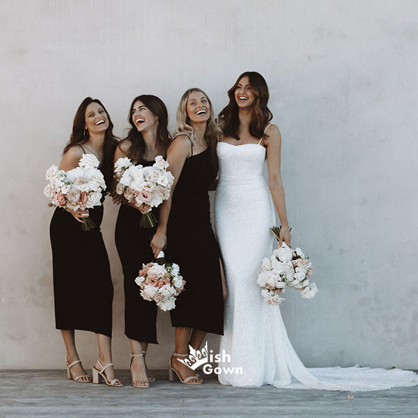 Unique Black Spaghetti Strap Side Split Tea-length Bridesmaid Dresses, YPS138