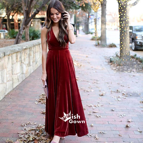 Elegant Burgundy V-neck Velvet Long Wedding Guest Dresses Bridesmaid Dresses, YPS155