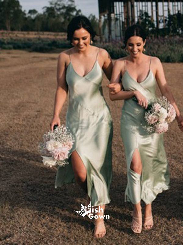 Elegant Green Soft Satin Spaghetti Strap V-neck Side Split Tea-length Bridesmaid Dresses, YPS156