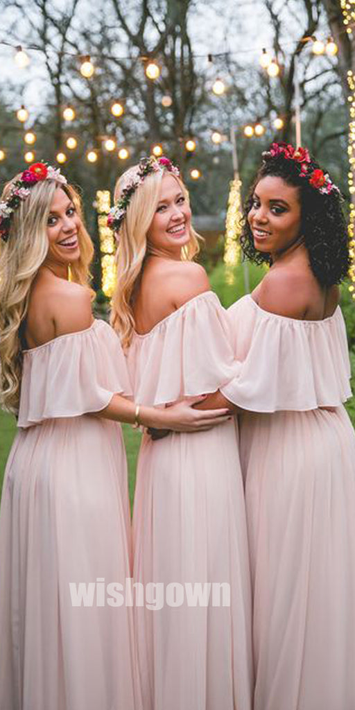 Elegant Sabrina Pink Chiffon Long Bridesmaid Dresses YPS124