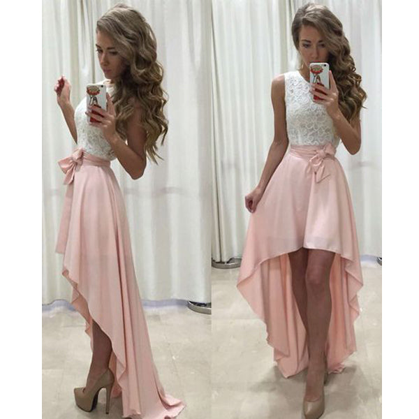 Junior Lace Top Pink High Low Chiffon Cheap Long Prom Bridesmaid Dress, WG37