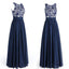 Navy Blue Lace Top Chiffon Elegant Cheap Floor Length Wedding Bridesmaid Dresses, WG455