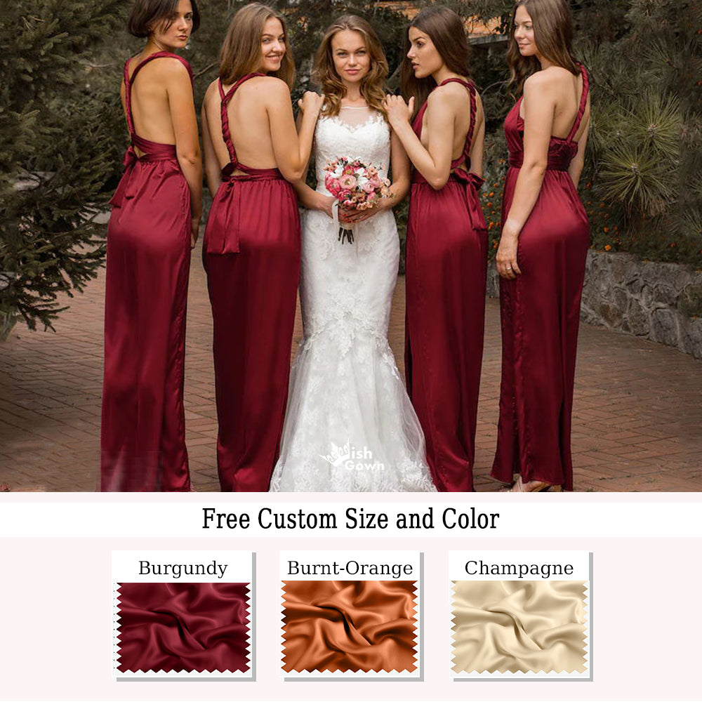 Burgundy Mismatched Soft Satin Backless Sits Long Sheath Bridesmaid Dress, WGM034