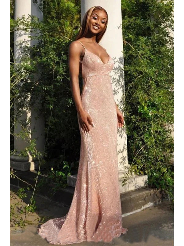 Sexy Mermaid Spaghetti Straps V-neck Maxi Long Evening Prom Dresses, WGP258