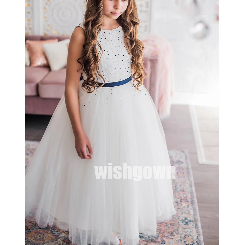 Pretty White Sleeveless Beads Tulle Wedding Flower Girl Dresses, FGD013