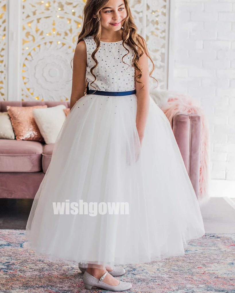 Pretty White Sleeveless Beads Tulle Wedding Flower Girl Dresses, FGD013