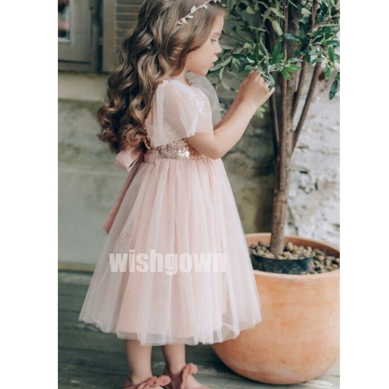 Cute A-line Sequin Blush Pink  Tulle  Wedding Flower Girl Dresses, FGD016