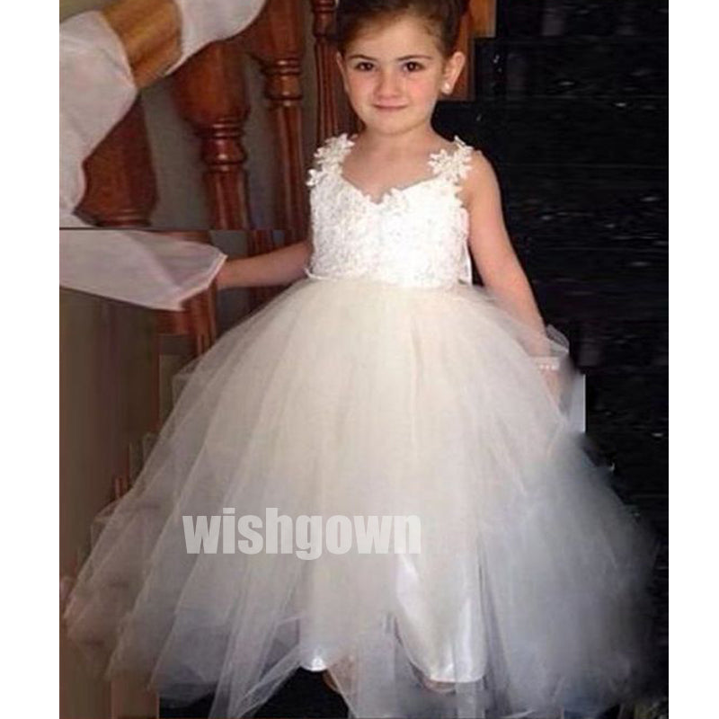 Pretty Princess V-back Lace Top Tulle Wedding Flower Girl Dresses, FGD018