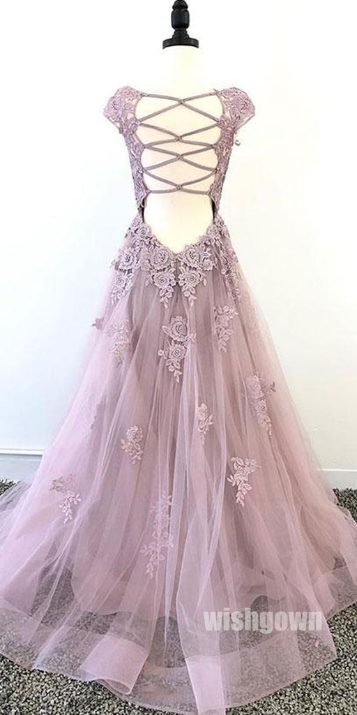 Elegant Cap Sleeve Applique Tulle Long Prom Dresses PG1185