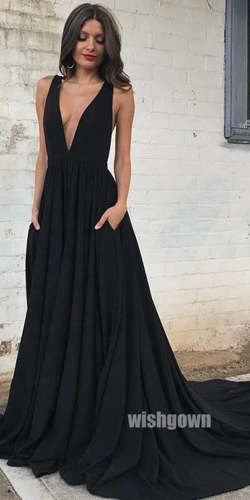 Sexy Deep V-neck Black Long Prom Dresses PG1191