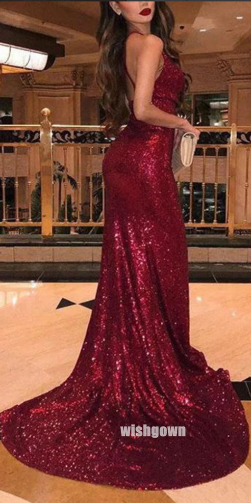 Sexy V-neck Side Split Sequins Long Prom Dresses PG1213