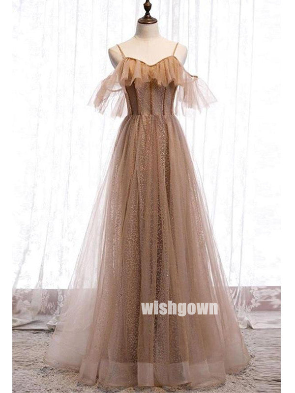 Elegant Spaghetti Strap Tulle Long Prom Dresses PG1218