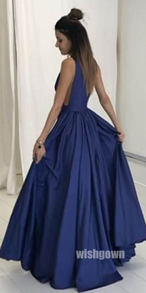 Sexy Dark Navy V-neck Backless Long Prom Dresses PG1222