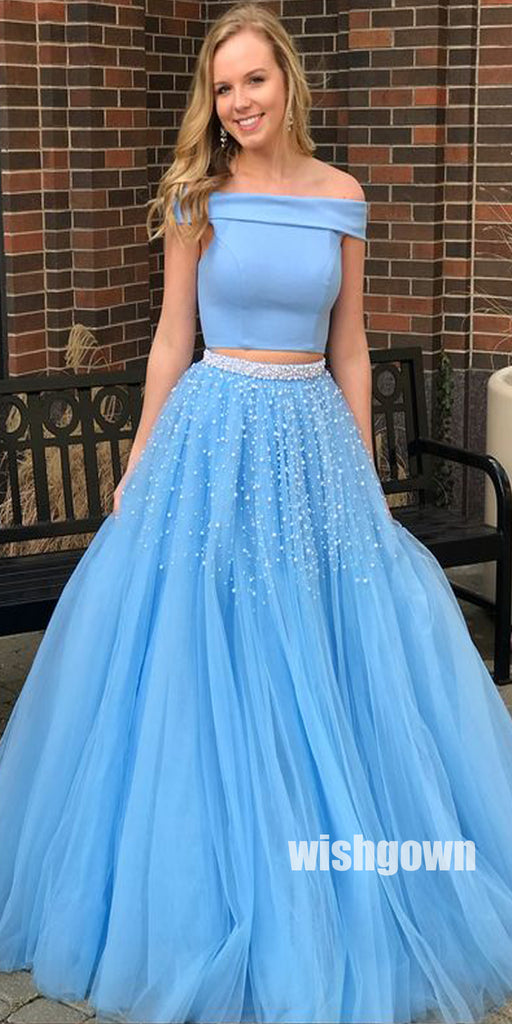 Charming Two Pieces Blue Sabrina Tulle Long Prom Dresses PG1226