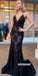 Sexy Black V-neck Lace Mermaid Long Prom Dresses PG1229