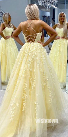 Charming Yellow Spaghetti Straps Applique Prom Dresses PG1240