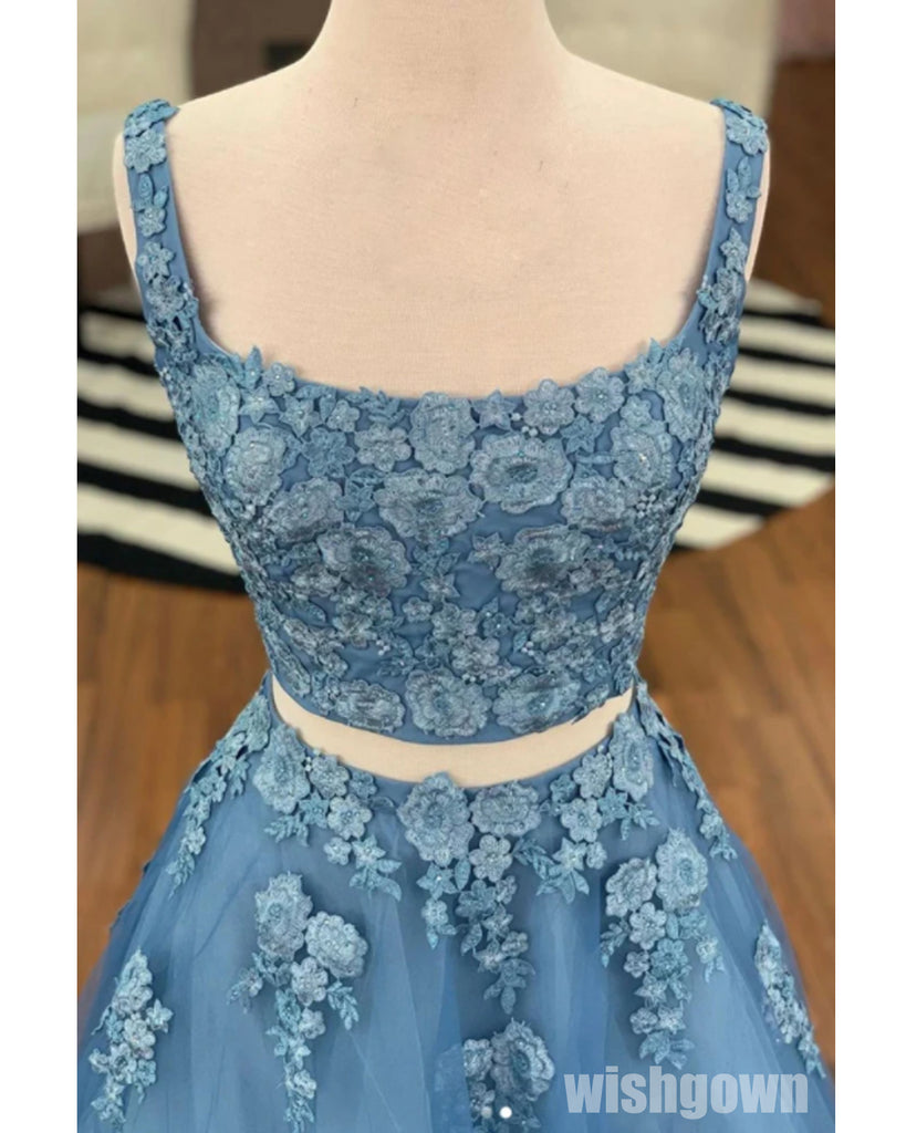 Elegant Blue Two Pieces Applique Tulle Prom Dresses PG1248