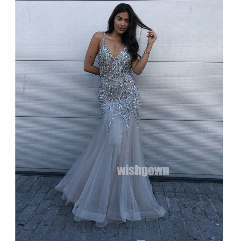 Beaded Mermaid V-Neck Long Prom Dresses PG1128