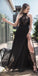 Black Chiffon Lace Halter Side Slit A Line Formal Prom Dresses, SG142