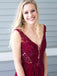 Burgundy V Neck Side Slit Beaded Tulle Long Prom Dresses, SG136