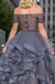 Elegant Off the Shoulder Grey Beaed Tulle Long Prom Dresses, SG111