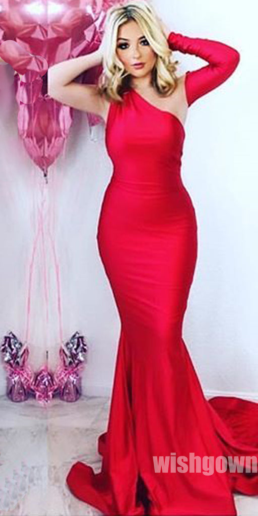 Red One Shoulder Mermaid Most Popular Long Prom Dresses, MD1101