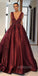 Burgundy V Neck Satin Applique Long Evening Prom Dresses, MD1125