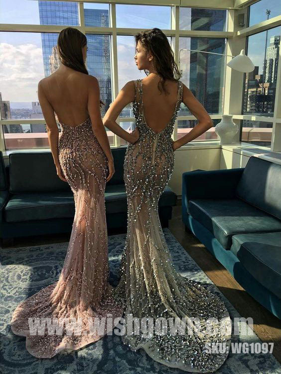 Popular Sexy Mermaid Beaded Seen Through Open Back Long Prom Dresses, WG1097