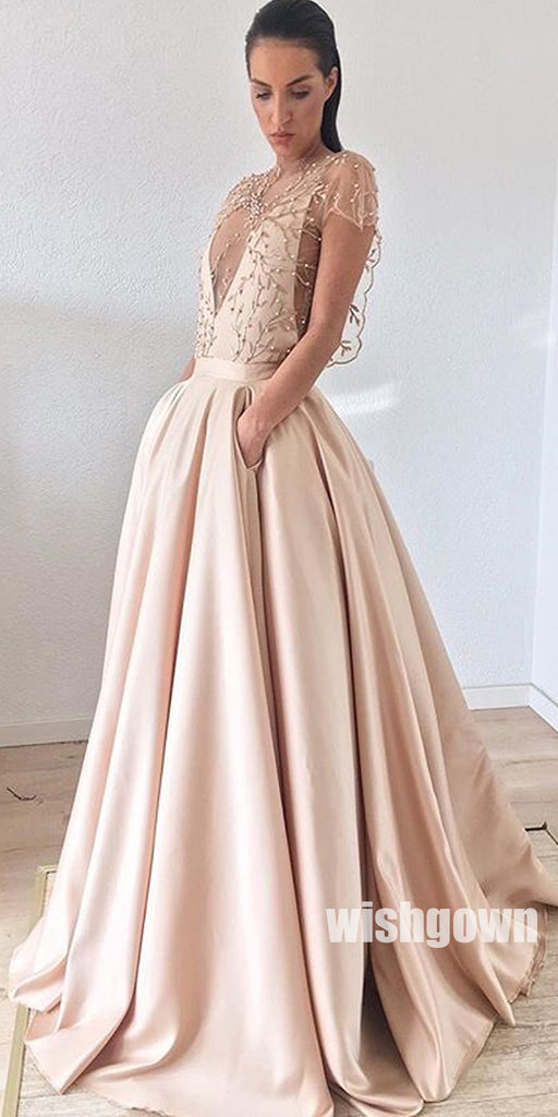 Unique A Line See Through Deep V Neck Long Prom Dresses, MD1140