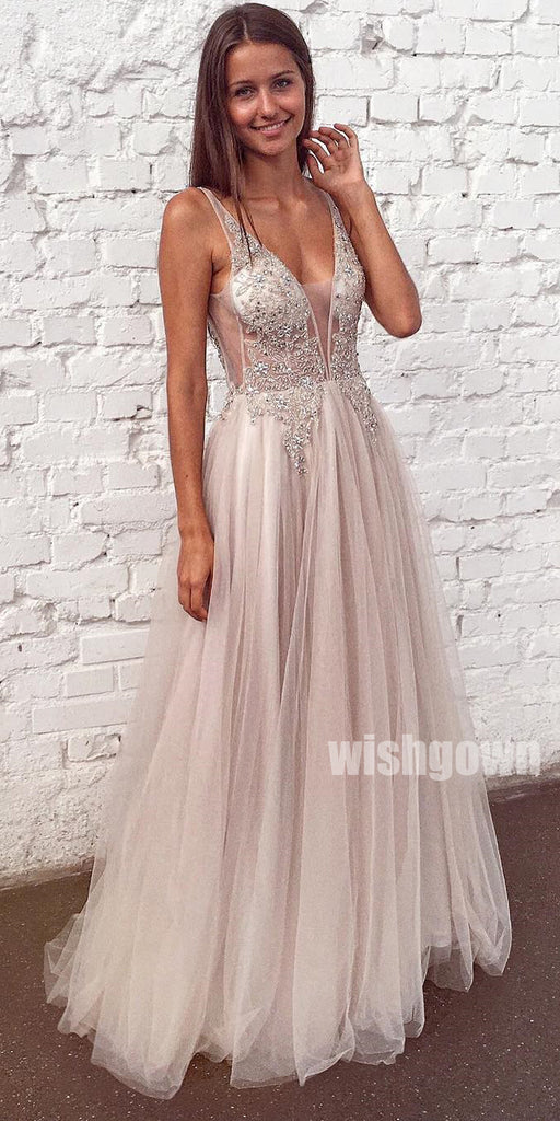 A-line Tulle V-neck Long Prom Dresses PG1127