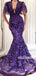 Short Sleeves Purple Mermaid Applique Long Prom Dresses PG1136