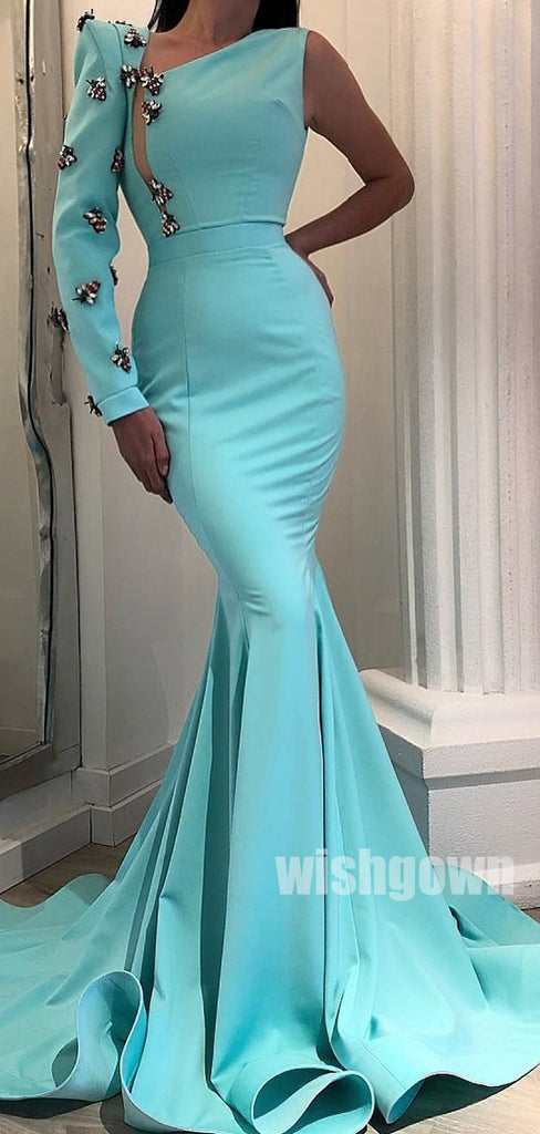 One Shoulder Long Sleeves Mermaid Long Prom Dresses PG1137