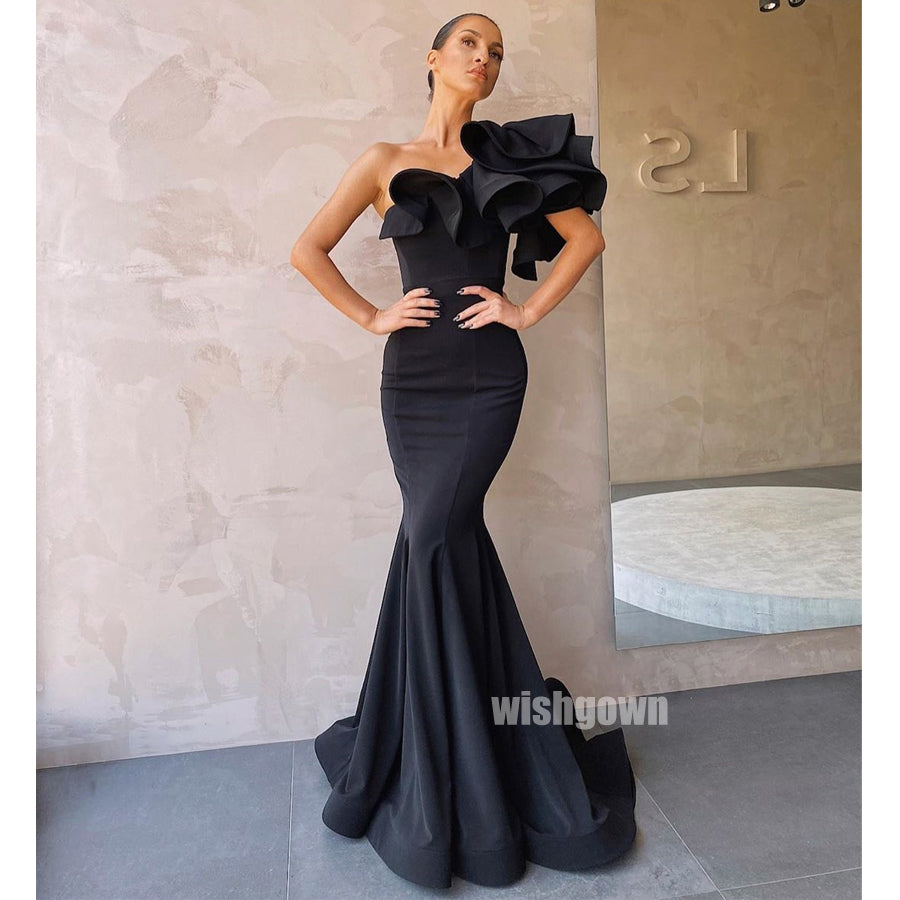 One Shoulder Black Mermaid Long Prom Dresses PG1139