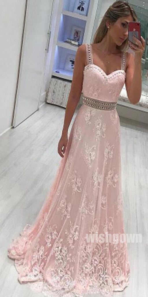 Spaghetti Strap Sweetheart Pink A Line Prom Dresses, SG146