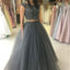 2 Pieces Open Back Cap Sleeves Beaded Gray Cheap Long Prom Dresses, WG779 - Wish Gown