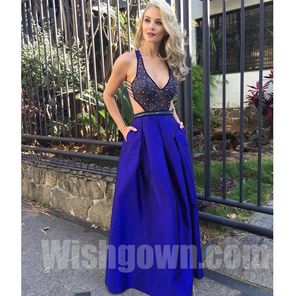 Open Back Sexy Royal Blue Beaded Unique Cheap Long Prom Dresses, WG1089