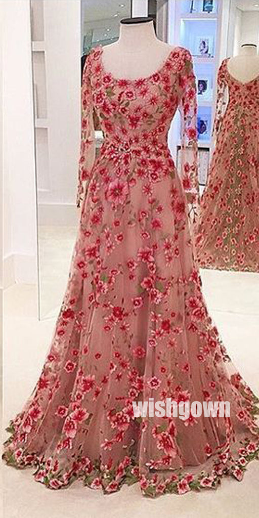 Most Popular Long Sleeves Formal A Line Cheap Flowers Long Prom Dresses, WG1121