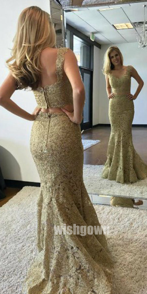 Two Pieces Lace Mermaid Elegant Affordable Evening Long Prom Dresses, WG1123