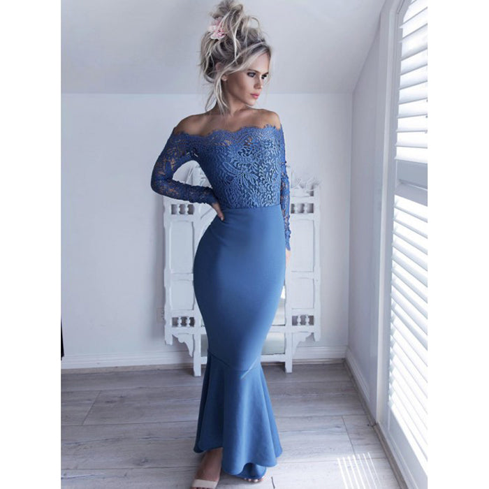 Affordable Long Sleeves Lace Off the Shoulder Mermaid Long Prom Dress, PD0130 - Wish Gown