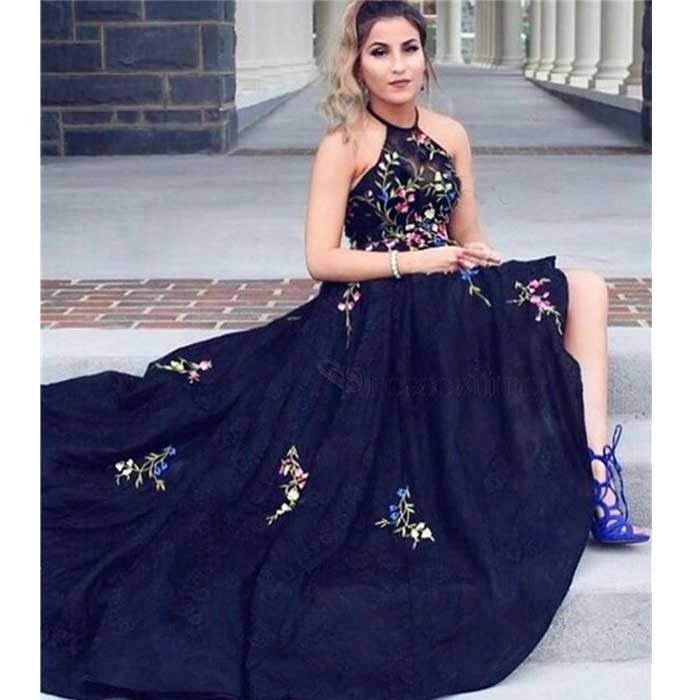 Halter Navy Formal A Line Cheap Long Prom Dresses, SG113