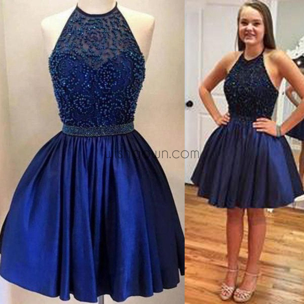 Halter backless Royal Blue Beaded homecoming prom dresses, CM0026