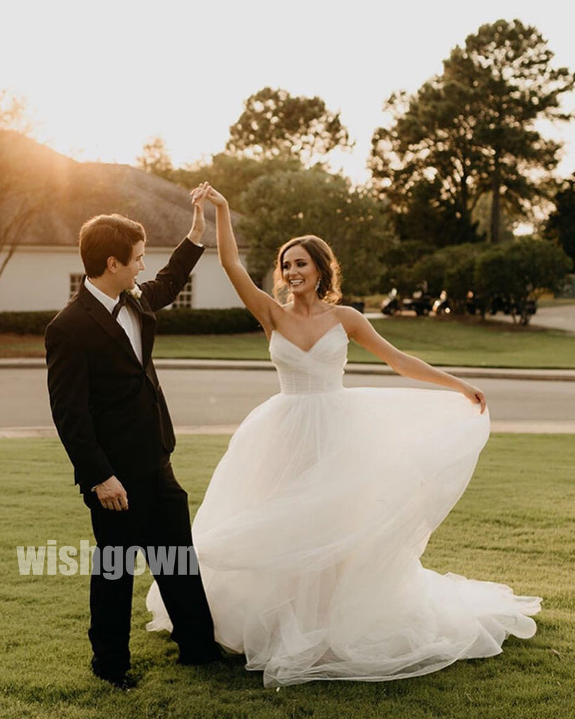 Sexy Strapless Lace Tulle Long Wedding Dresses YH1128