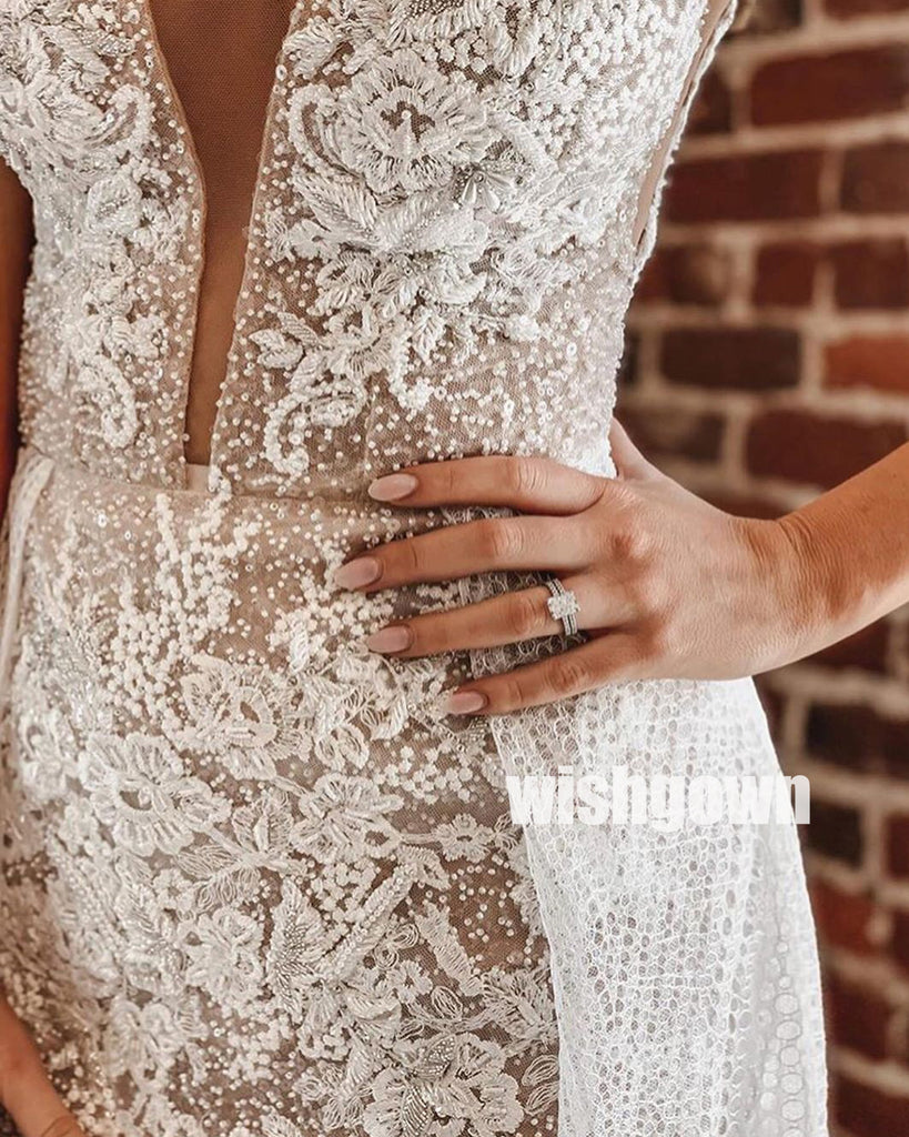 Sexy V-neck Spaghetti Strap Lace Long Bridal Dresses WDH021