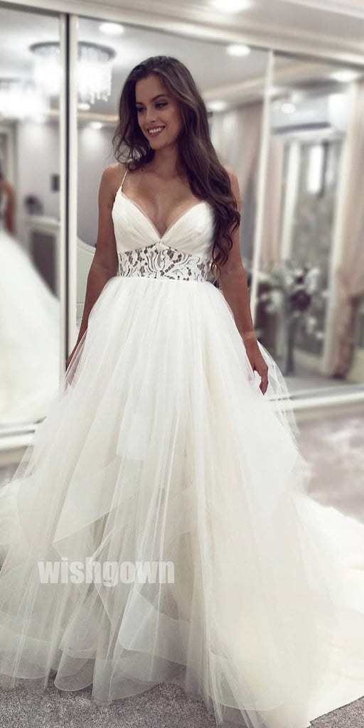 Princess Ball Gown V-neck Spaghetti Strap Tulle Bridal Dresses WDH029